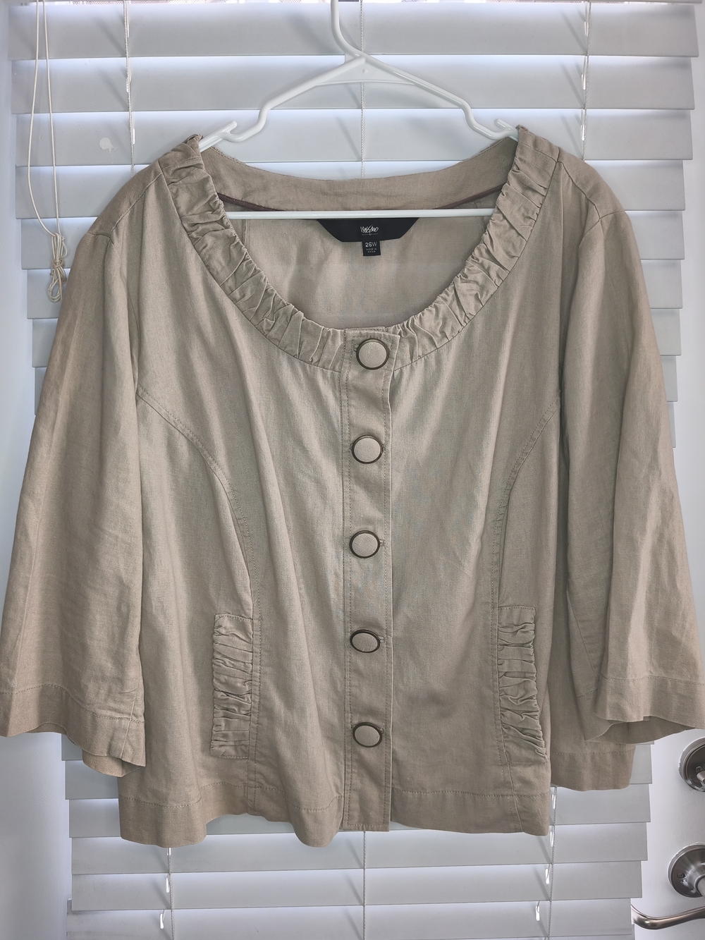 Mossimo Linen Blend Cropped Jacket Blouse 26W Tan Beige Ruffle Neck 3/4 Sleeve